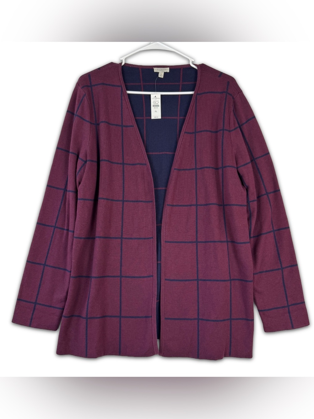 Talbots Cardigan Sweater Womens PL Petite Large Navy Wine Grid Open Front NWT